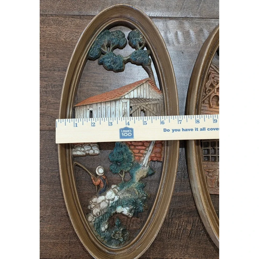 VTG 60s 3D Rustic Farmhouse Cottage Country Wall Art Plaques Set of 3 Oval Decor